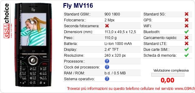 Fly MV116 Dati tecnici di telefono cellulare 