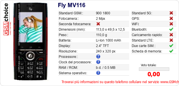Fly MV116 Dati tecnici di telefono cellulare 