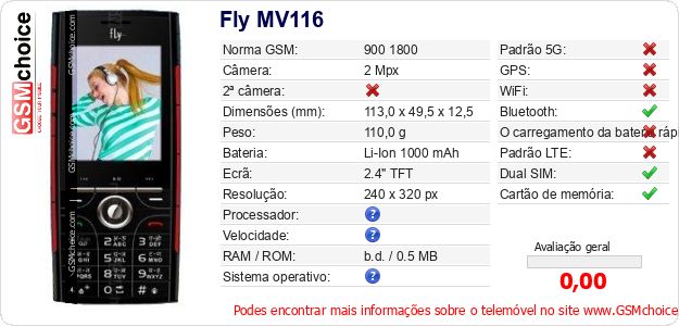 Fly MV116 Especificações técnicas do telemóvel Fly MV116 Especificações técnicas do telemóvel
