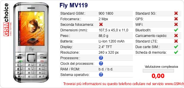 Fly MV119 Dati tecnici di telefono cellulare 
