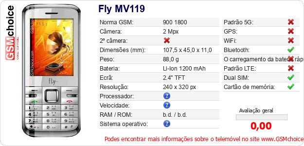 Fly MV119 Especificações técnicas do telemóvel Fly MV119 Especificações técnicas do telemóvel