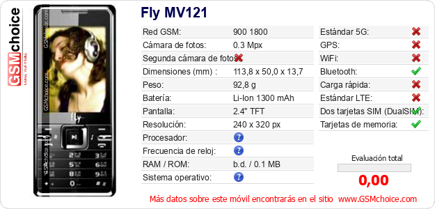 Fly MV121 Datos técnicos del móvil Fly MV121 Datos técnicos del móvil