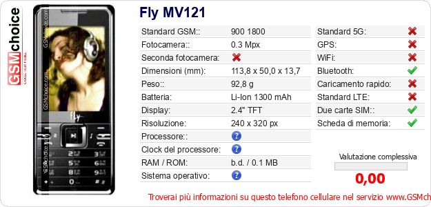 Fly MV121 Dati tecnici di telefono cellulare 
