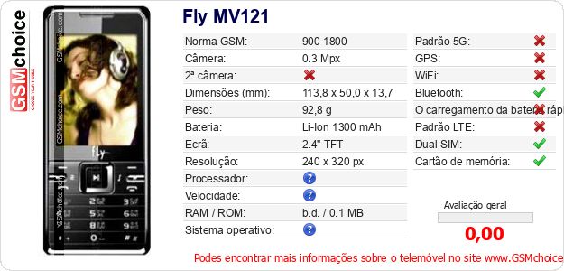 Fly MV121 Especificações técnicas do telemóvel 