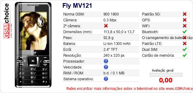 Fly MV121 Especificações técnicas do telemóvel 