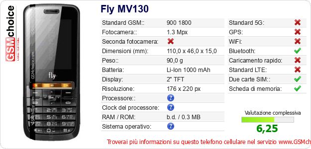 Fly MV130 Dati tecnici di telefono cellulare 