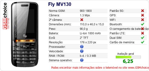 Fly MV130 Especificações técnicas do telemóvel Fly MV130 Especificações técnicas do telemóvel