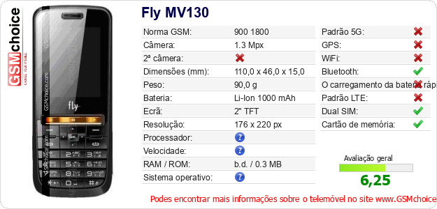 Fly MV130 Especificações técnicas do telemóvel 