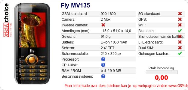 Fly MV135 Technische gegevens Fly MV135 Technische gegevens