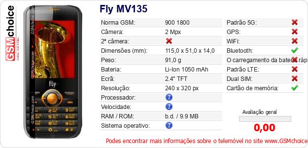 Fly MV135 Especificações técnicas do telemóvel Fly MV135 Especificações técnicas do telemóvel