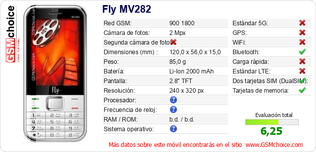Fly MV282 Datos técnicos del móvil 