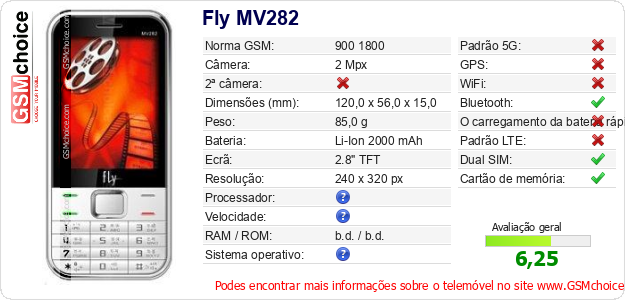 Fly MV282 Especificações técnicas do telemóvel 
