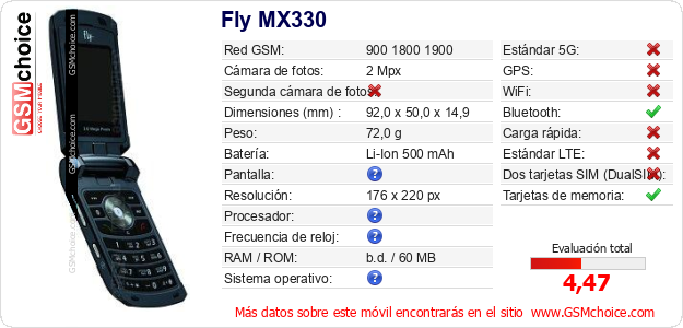 Fly MX330 Datos técnicos del móvil 