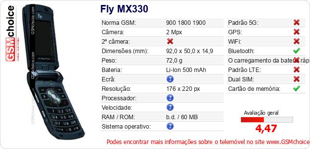 Fly MX330 Especificações técnicas do telemóvel 