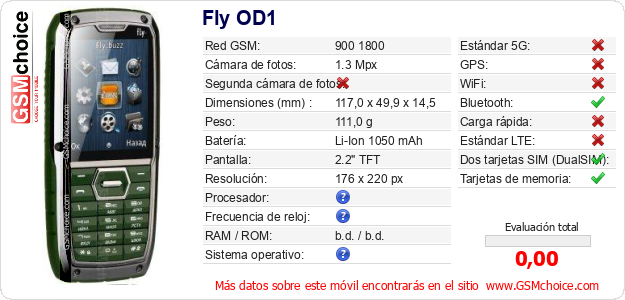 Fly OD1 Datos técnicos del móvil Fly OD1 Datos técnicos del móvil