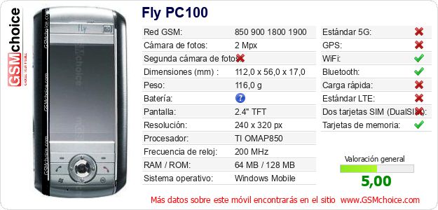 Fly PC100 Datos técnicos del móvil 