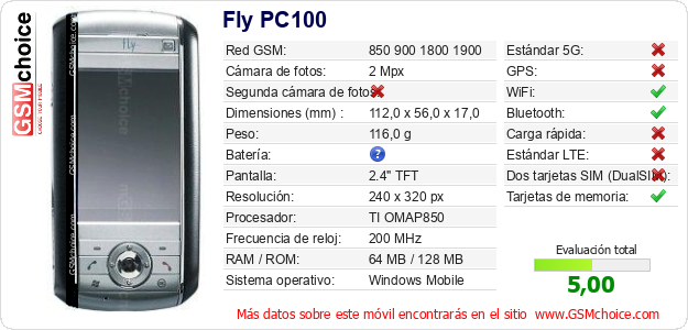 Fly PC100 Datos técnicos del móvil 