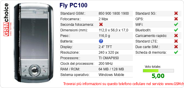 Fly PC100 Dati tecnici di telefono cellulare 