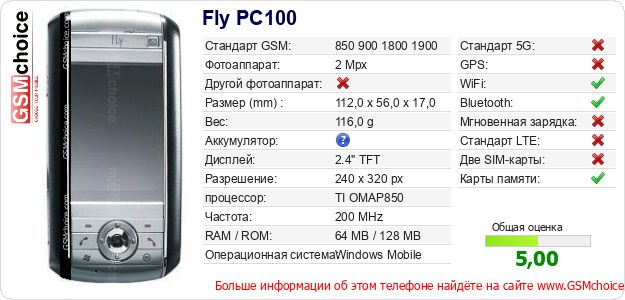 Fly PC100 Технические данные телефона Fly PC100 Технические данные телефона