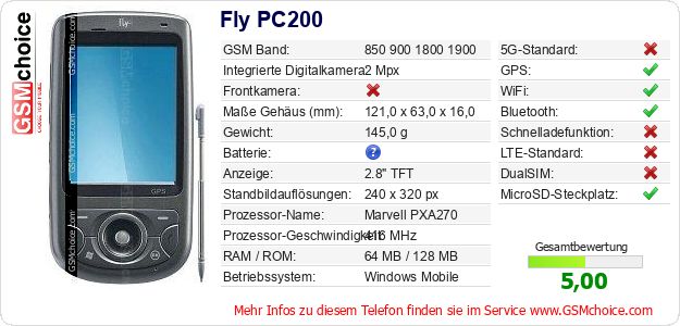 Fly PC200 technische Daten Fly PC200 technische Daten