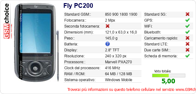 Fly PC200 Dati tecnici di telefono cellulare Fly PC200 Dati tecnici di telefono cellulare