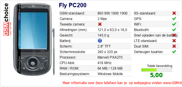 Fly PC200 Technische gegevens 