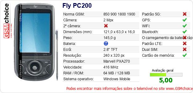 Fly PC200 Especificações técnicas do telemóvel Fly PC200 Especificações técnicas do telemóvel