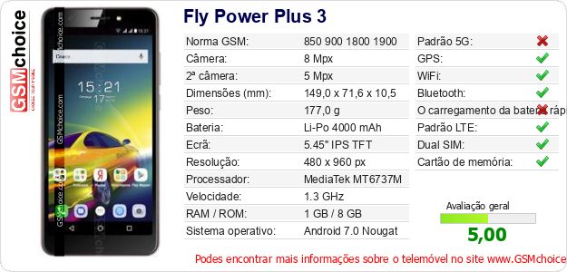 Fly Power Plus 3 Especificações técnicas do telemóvel 