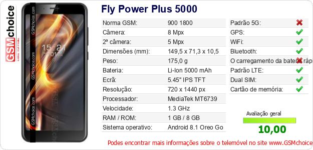 Fly Power Plus 5000 Especificações técnicas do telemóvel 