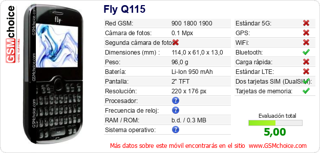 Fly Q115 Datos técnicos del móvil Fly Q115 Datos técnicos del móvil