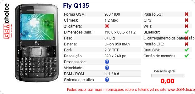 Fly Q135 Especificações técnicas do telemóvel Fly Q135 Especificações técnicas do telemóvel