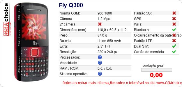 Fly Q300 Especificações técnicas do telemóvel 