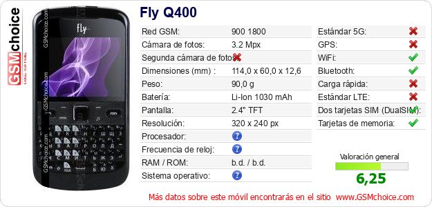 Fly Q400 Datos técnicos del móvil Fly Q400 Datos técnicos del móvil