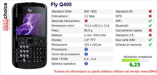 Fly Q400 Dati tecnici di telefono cellulare 