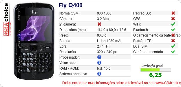 Fly Q400 Especificações técnicas do telemóvel Fly Q400 Especificações técnicas do telemóvel
