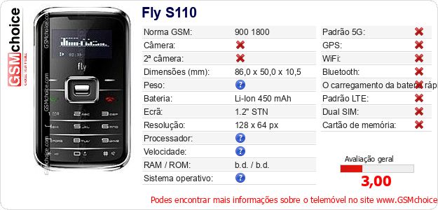 Fly S110 Especificações técnicas do telemóvel Fly S110 Especificações técnicas do telemóvel