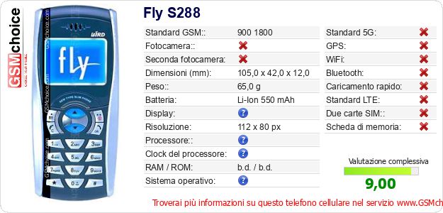 Fly S288 Dati tecnici di telefono cellulare 