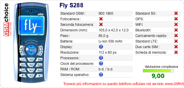 Fly S288 Dati tecnici di telefono cellulare Fly S288 Dati tecnici di telefono cellulare