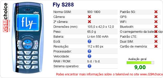 Fly S288 Especificações técnicas do telemóvel 
