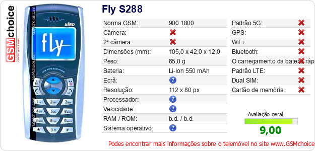 Fly S288 Especificações técnicas do telemóvel 