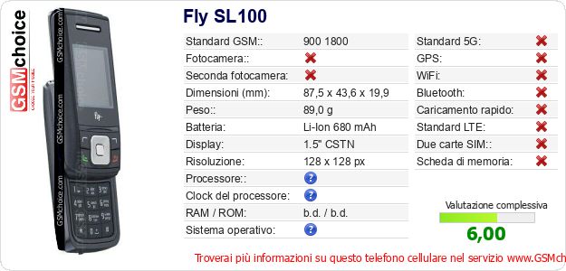 Fly SL100 Dati tecnici di telefono cellulare Fly SL100 Dati tecnici di telefono cellulare