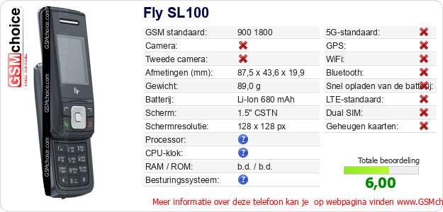 Fly SL100 Technische gegevens 