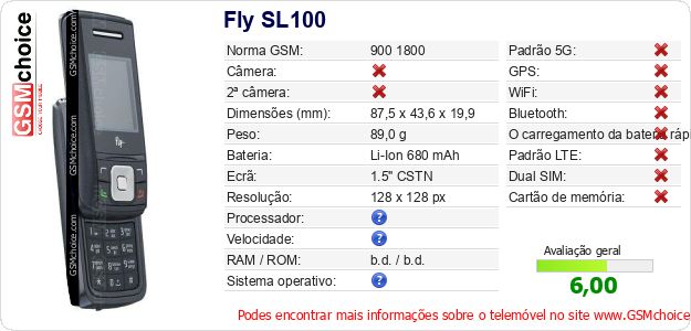 Fly SL100 Especificações técnicas do telemóvel Fly SL100 Especificações técnicas do telemóvel