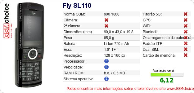 Fly SL110 Especificações técnicas do telemóvel Fly SL110 Especificações técnicas do telemóvel