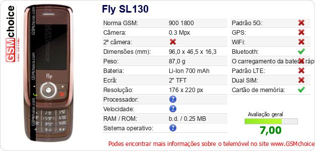 Fly SL130 Especificações técnicas do telemóvel 