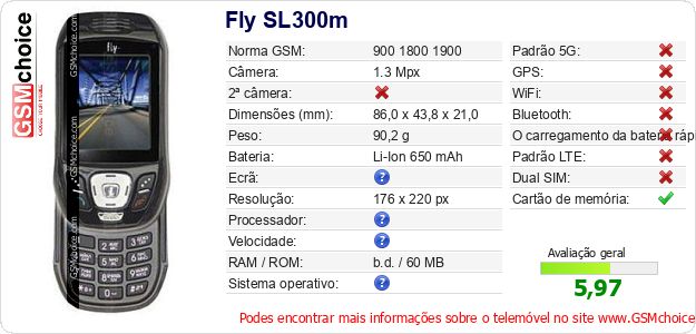 Fly SL300m Especificações técnicas do telemóvel Fly SL300m Especificações técnicas do telemóvel