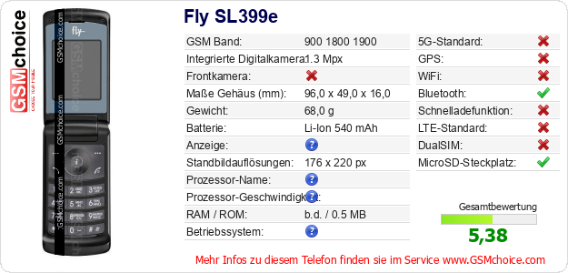 Fly SL399e technische Daten Fly SL399e technische Daten