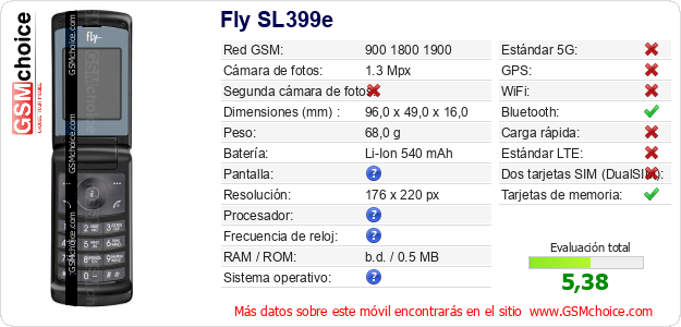 Fly SL399e Datos técnicos del móvil Fly SL399e Datos técnicos del móvil