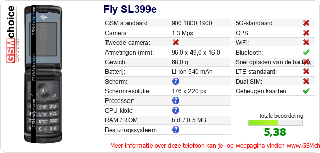 Fly SL399e Technische gegevens Fly SL399e Technische gegevens