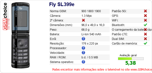 Fly SL399e Especificações técnicas do telemóvel Fly SL399e Especificações técnicas do telemóvel